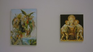 Fabio Moro, The torment of his uncle Antonio 2010, Buntstift auf Leinwand, 47 x 35 cm; Fabio Moro, o.T., 2010, Buntstift und Öl auf Leinwand, 33 x 28 cm